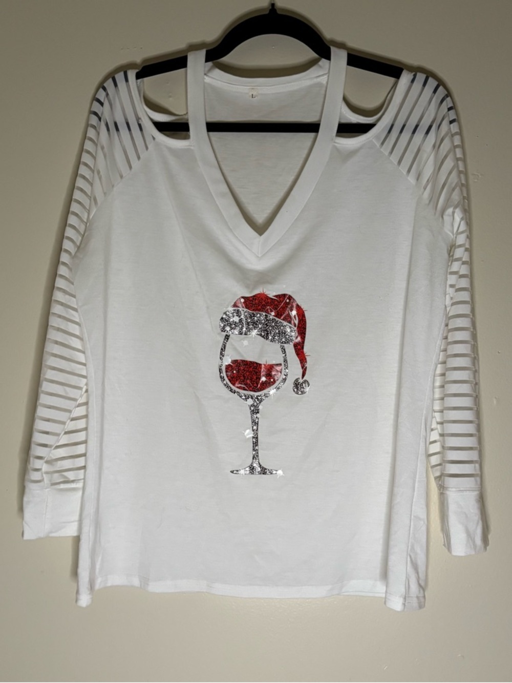 Women's White Holiday Wine Glass Graphic V-Neck Top